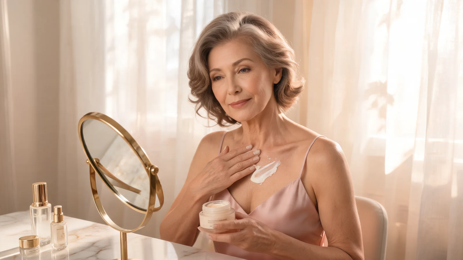 City Beauty InvisiCrepe body balm jar on a marble vanity next to a soft towel and rose-tinted morning light