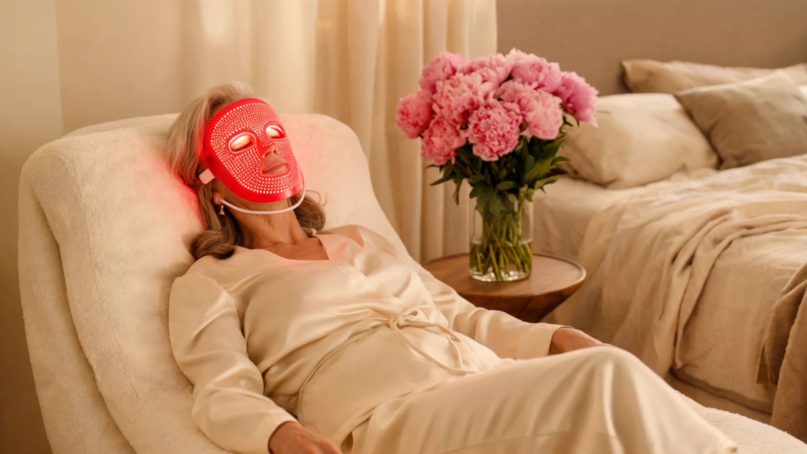 A woman with a glowing red light therapy LED mask on her face, lying back on a cream chaise