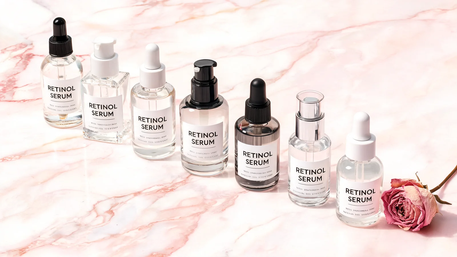 Seven retinol serum bottles arranged on a soft pink marble surface