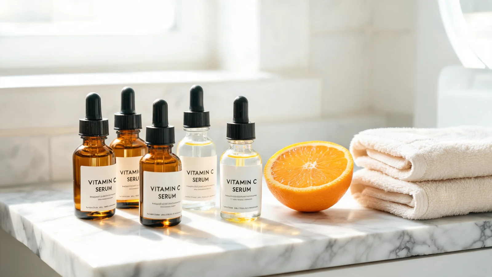 Eight vitamin C serum bottles arranged in a half-circle on a soft blush vanity with golden morning light