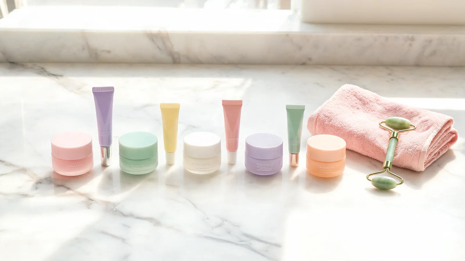 Nine eye cream jars and tubes arranged on a cream marble countertop