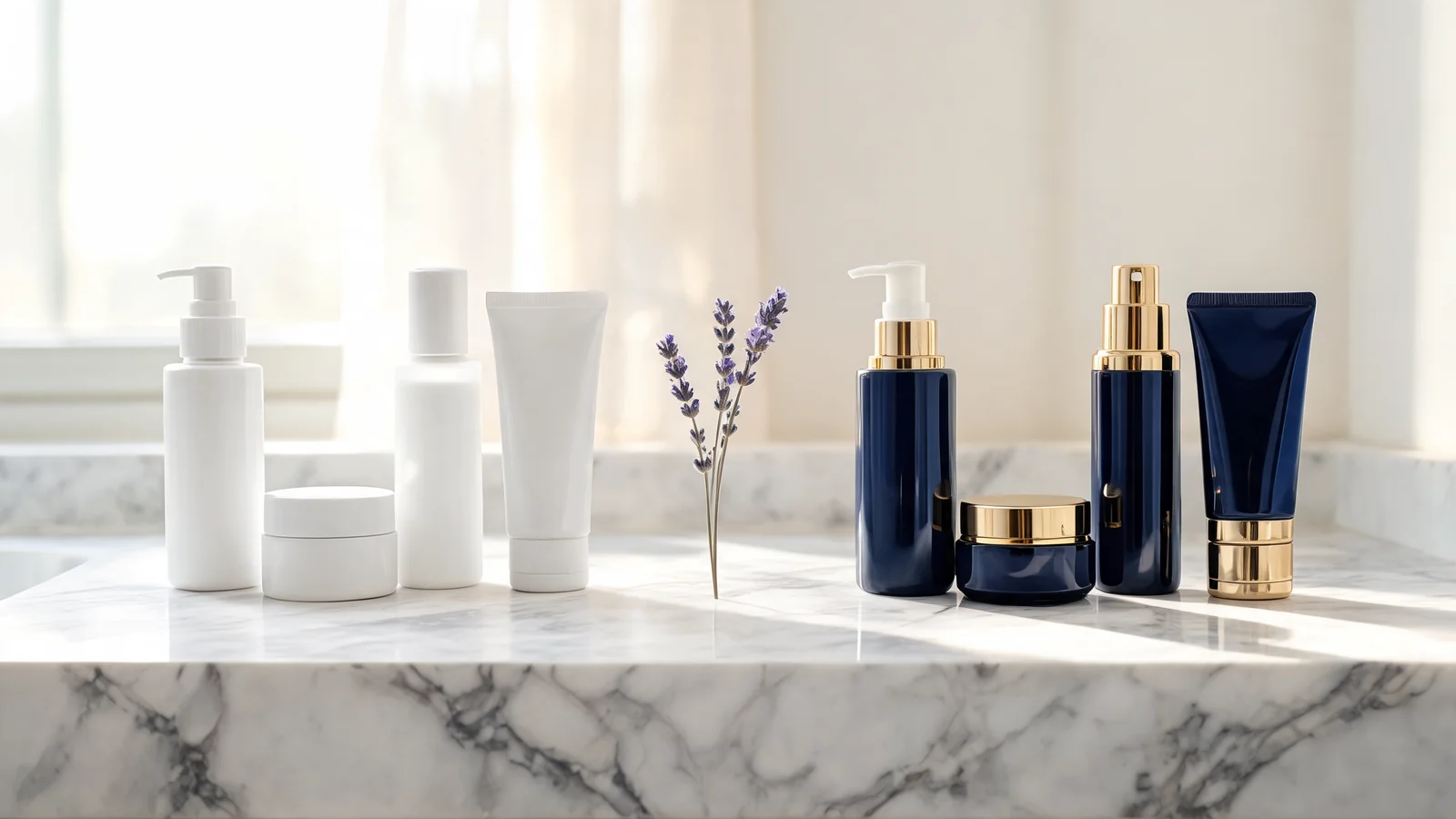 Paula's Choice and StriVectin skincare bottles arranged on a marble vanity with morning light