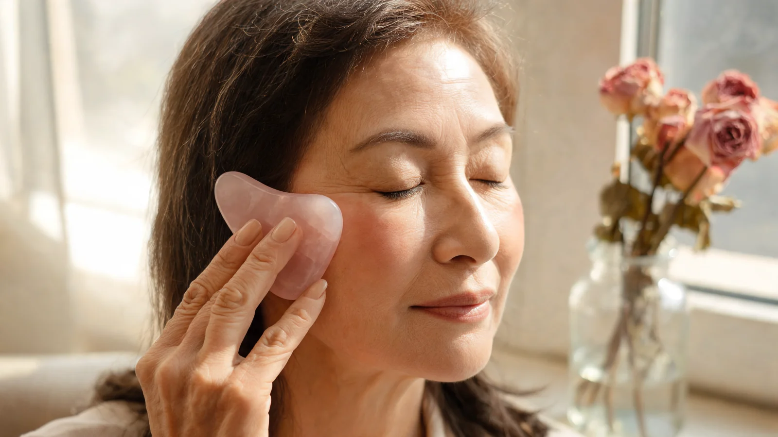 Woman's hand holding a jade gua sha tool against her cheek in soft evening light