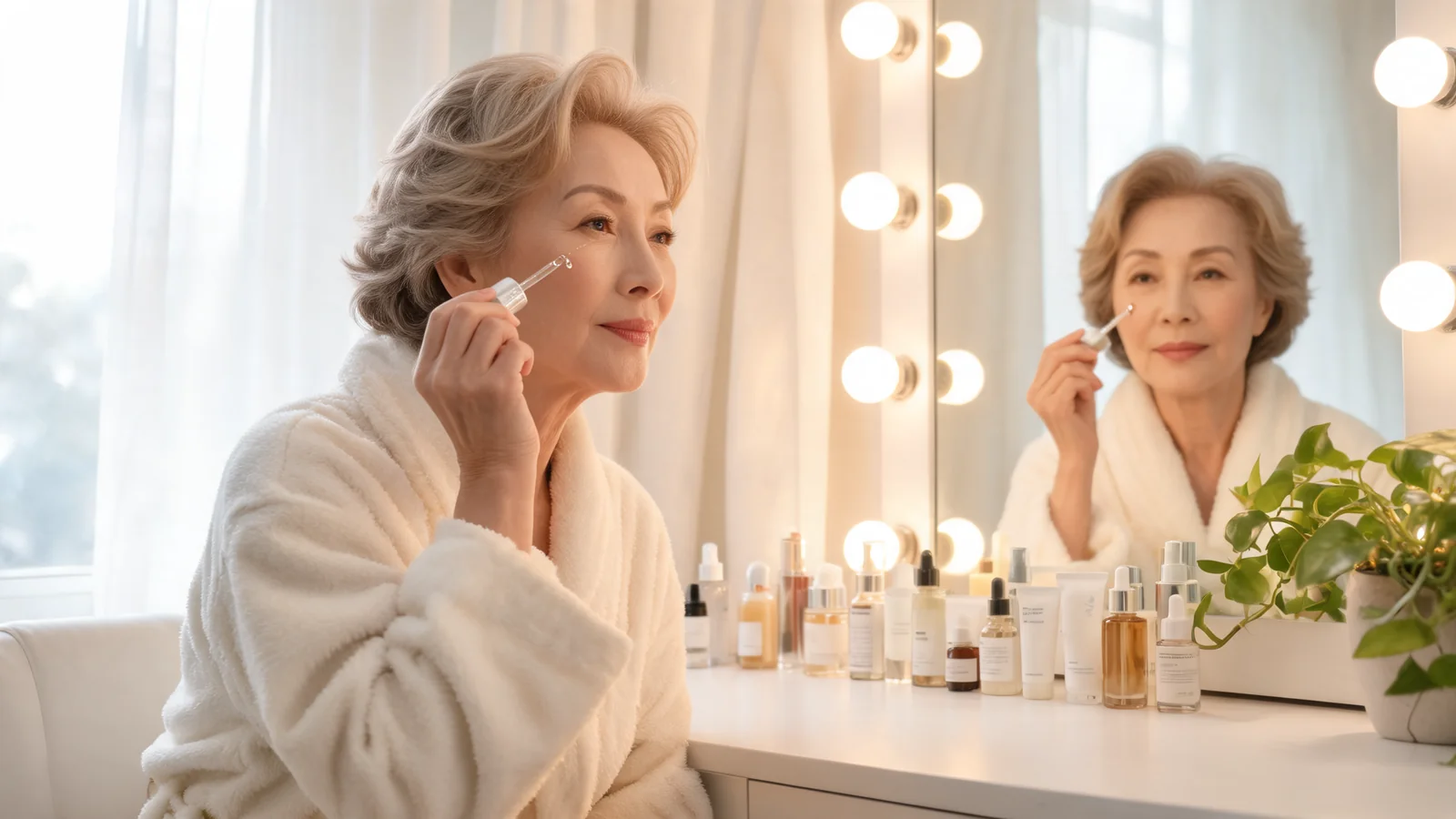 Curated arrangement of skincare bottles, a microcurrent device, and a soft towel on a marble bathroom counter