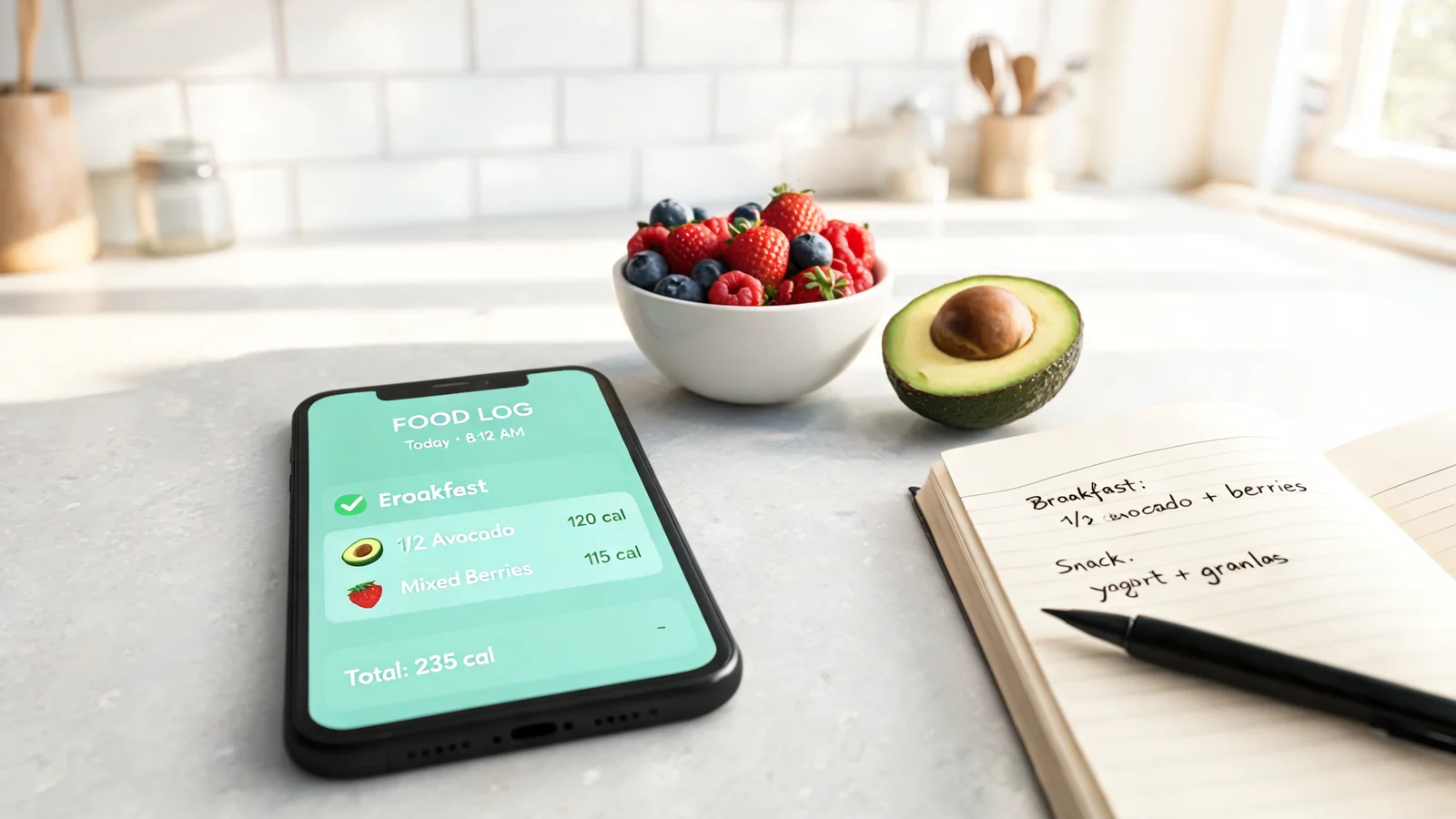 Smartphone with food tracking app and a bowl of fresh berries on a kitchen counter