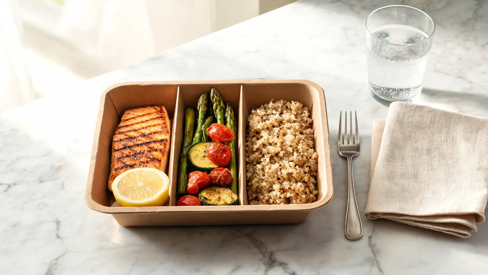 A prepared meal of grilled salmon, vegetables, and quinoa in a meal-kit container