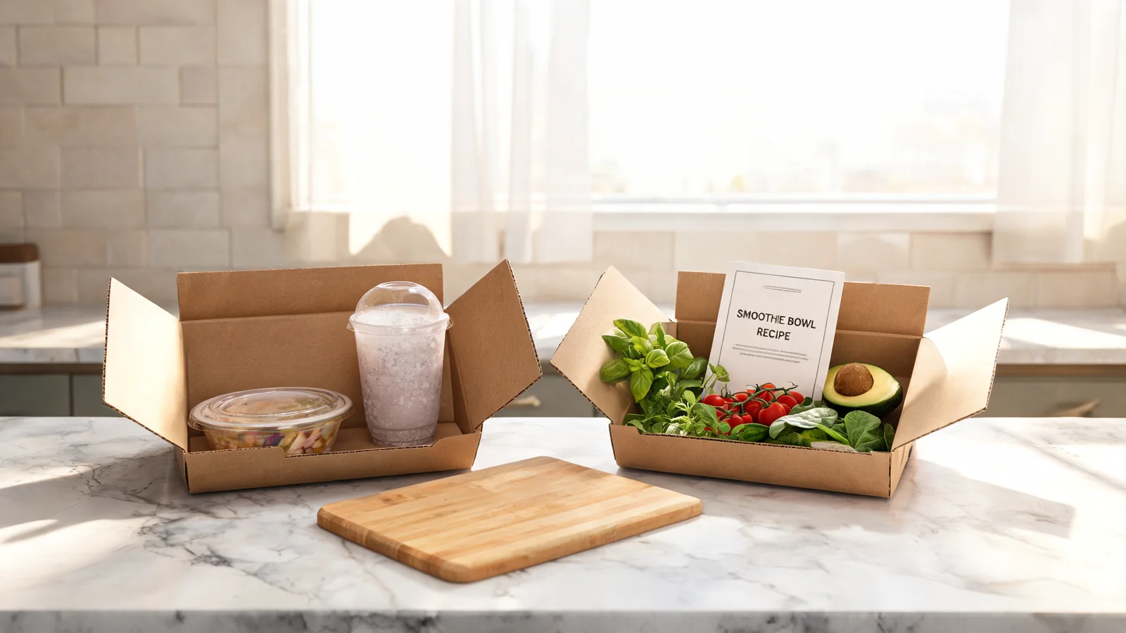 Daily Harvest smoothie cup next to a Sunbasket meal kit box on a marble counter with fresh produce