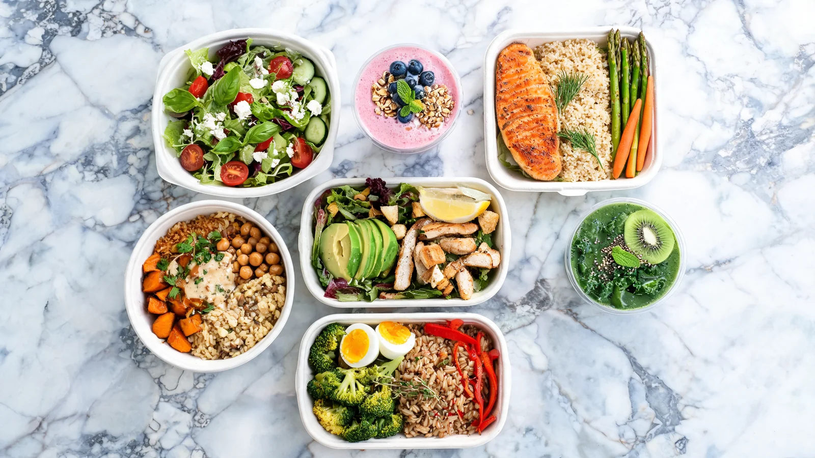 Top-down flat lay of seven prepared meals from different meal-kit services