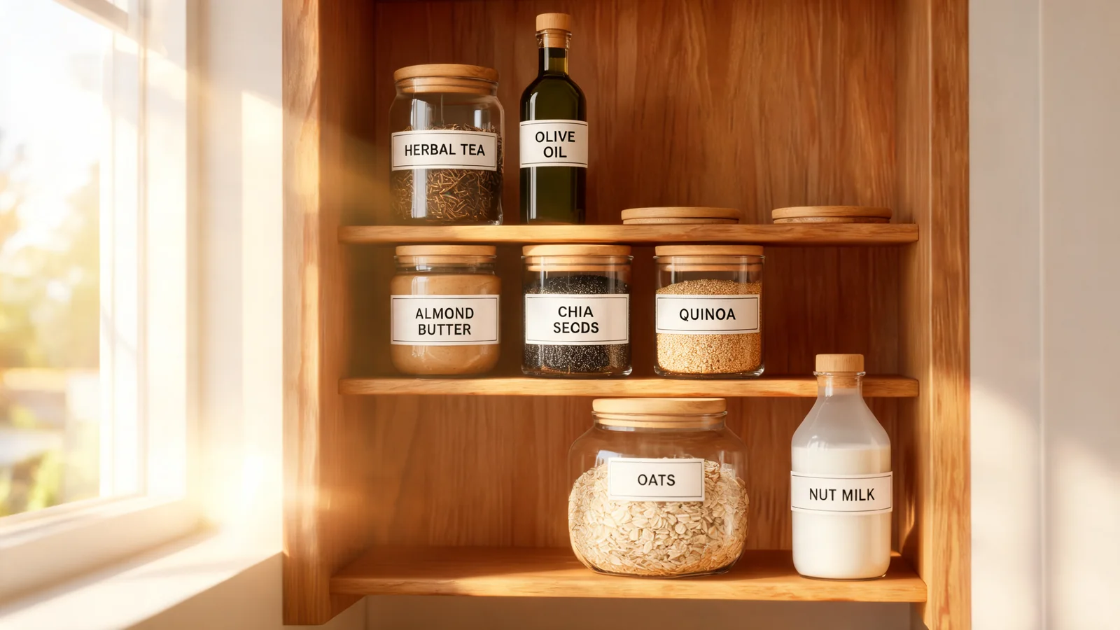 Thrive Market box on a kitchen counter with olive oil, almond butter, and pantry staples spread out