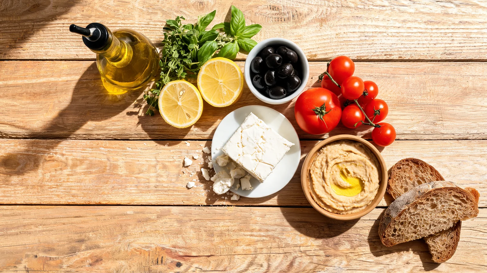 Mediterranean diet flat lay with olive oil, tomatoes, olives, feta, herbs, and bread
