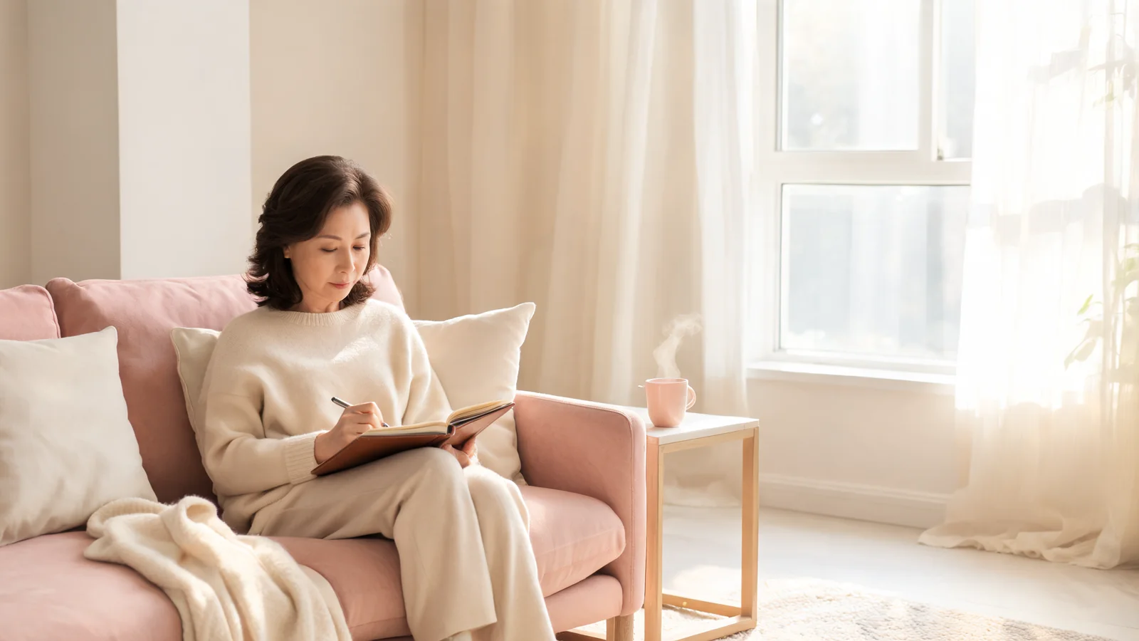 A woman seated on a sofa journaling, herbal tea on the side table