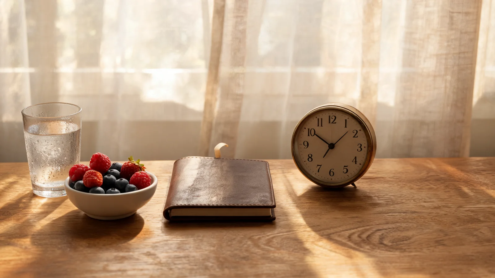 Wooden table with a glass of water, fresh berries, and a leather journal in soft morning light