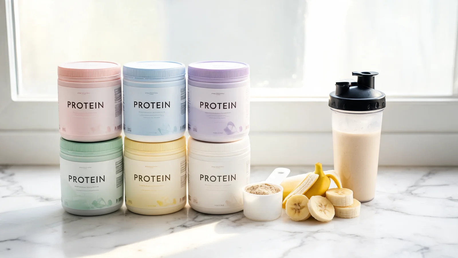 Glass of vanilla protein shake on a kitchen counter beside a measuring scoop and fresh berries