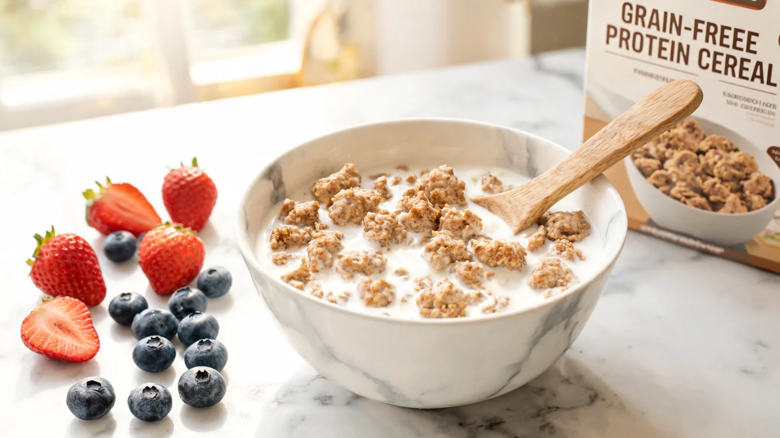 Bowl of low-sugar protein cereal with milk and berries on a sunlit breakfast table