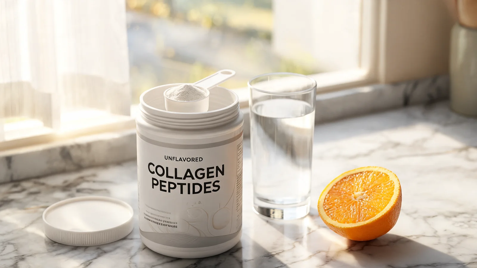 A canister of unflavored collagen peptides on a marble counter beside a glass of water