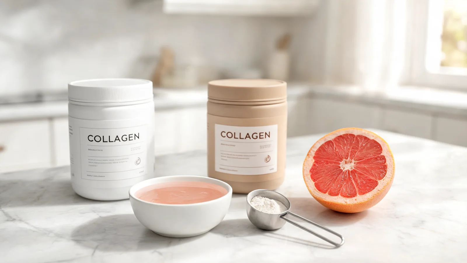 Two collagen canisters side by side on a kitchen counter beside a measuring scoop and coffee mug