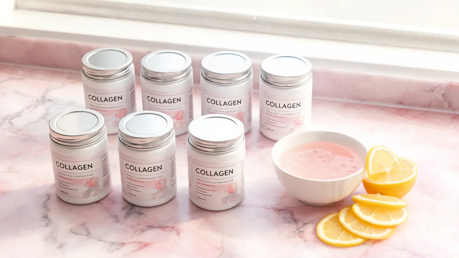 Six collagen powder canisters arranged on a soft pink marble countertop
