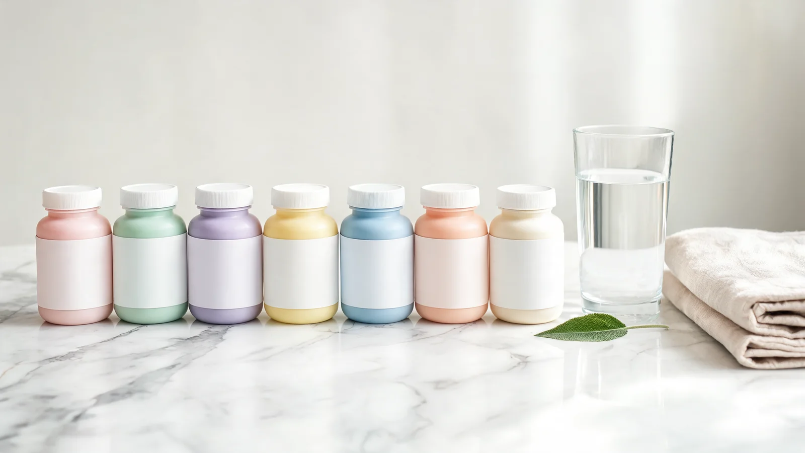 Seven menopause supplement bottles arranged neatly on a marble counter with a sage leaf