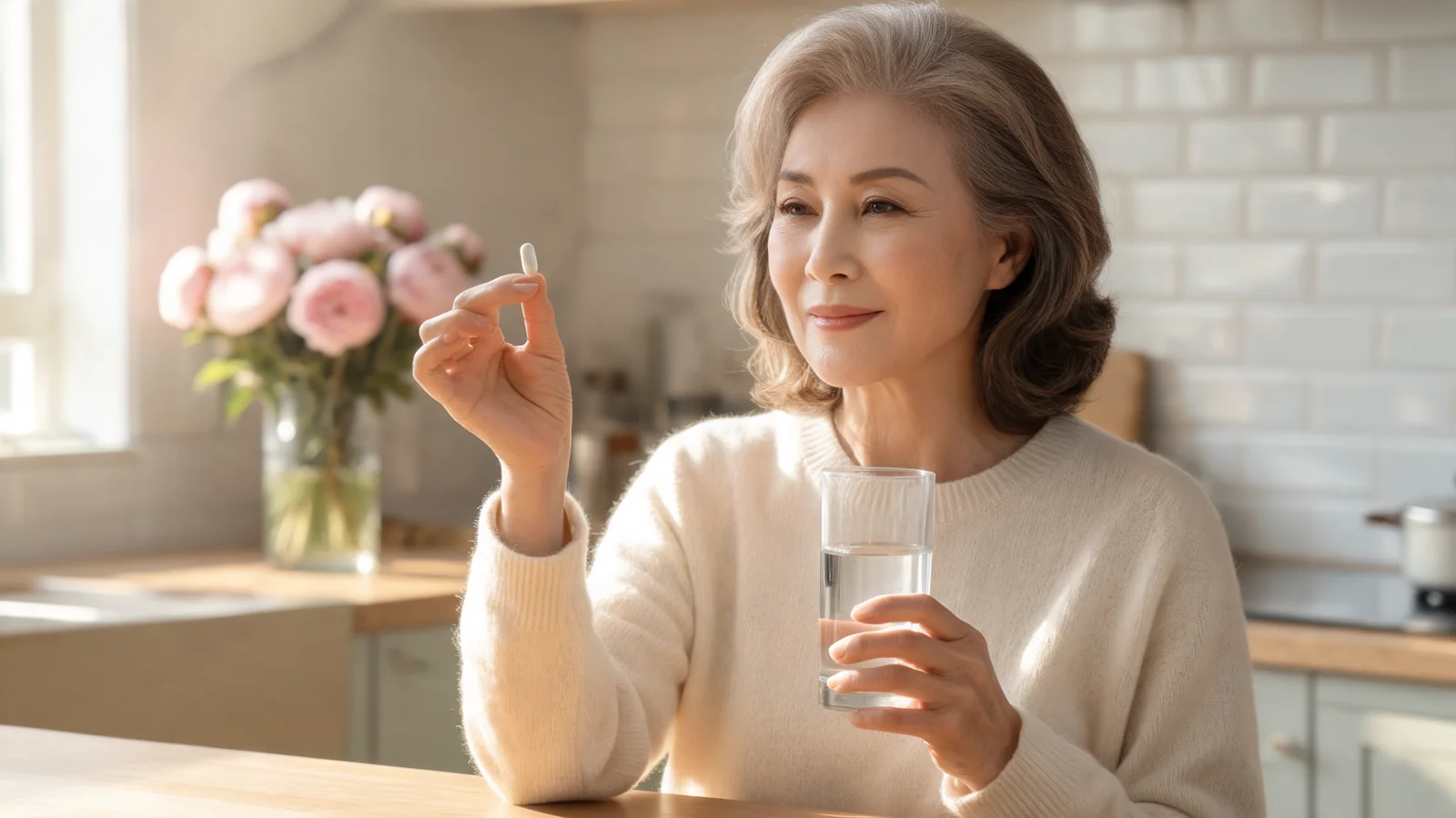 A woman seated at a kitchen counter holding a single supplement capsule and a glass of water