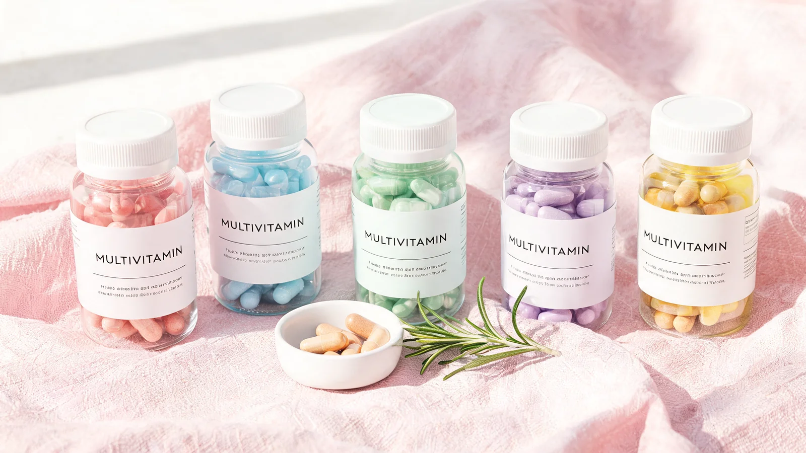 Five multivitamin bottles in pastel packaging arranged on a soft pink linen surface