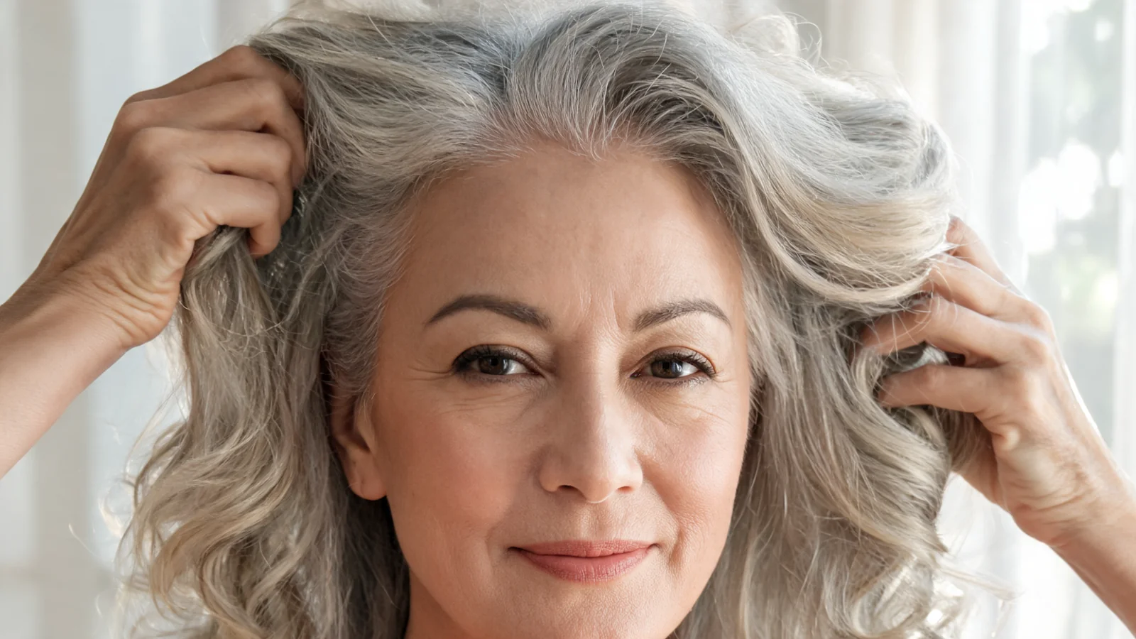 A woman with thick wavy silver-blonde hair gently lifting hair to reveal scalp