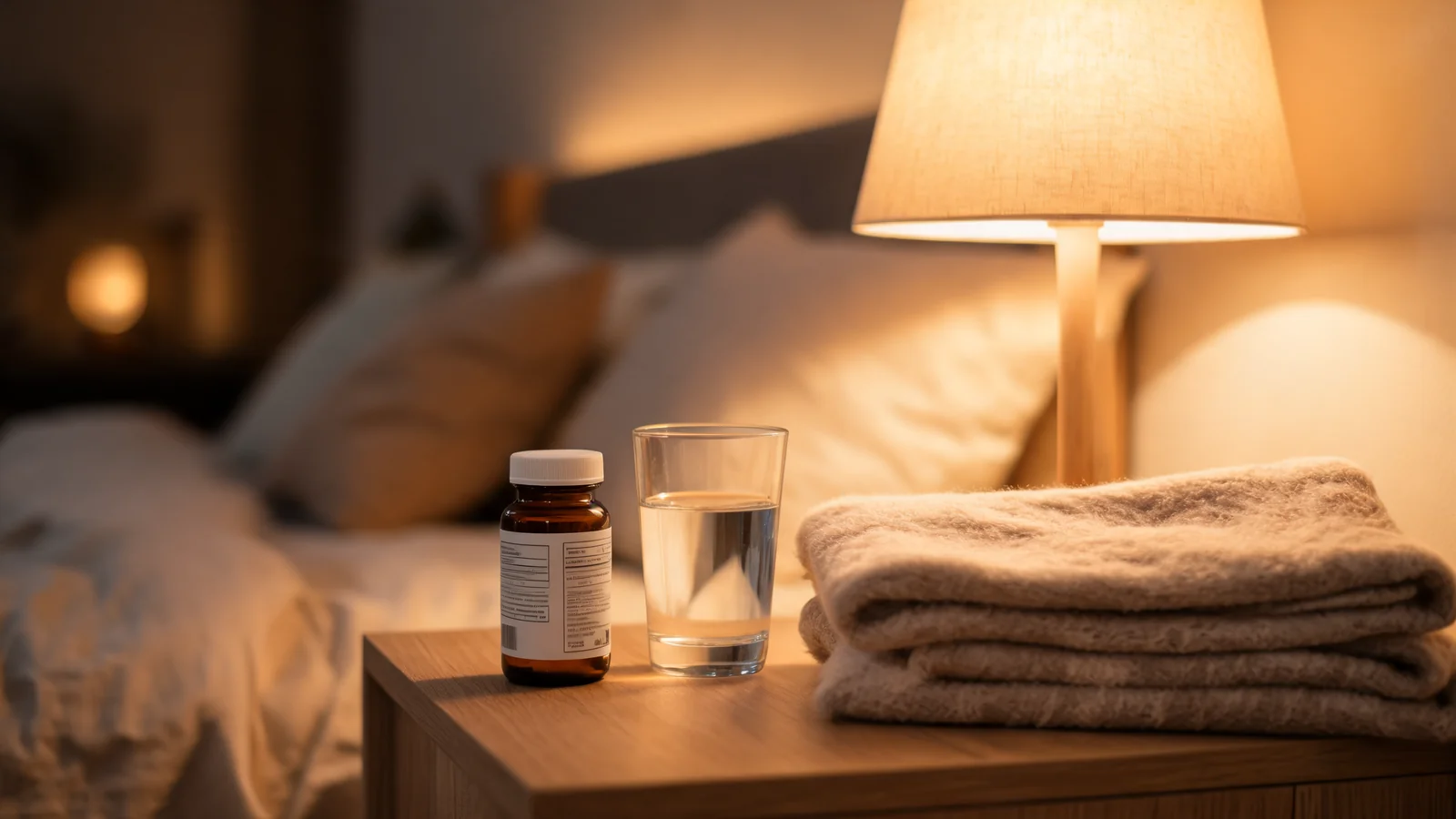 A small amber glass supplement bottle on a nightstand beside a bedside lamp