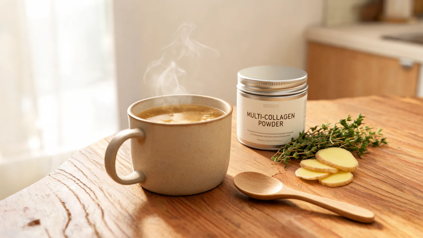 Ceramic mug of black coffee with a tub of Ancient Nutrition Multi Collagen and a copper measuring scoop on a linen counter