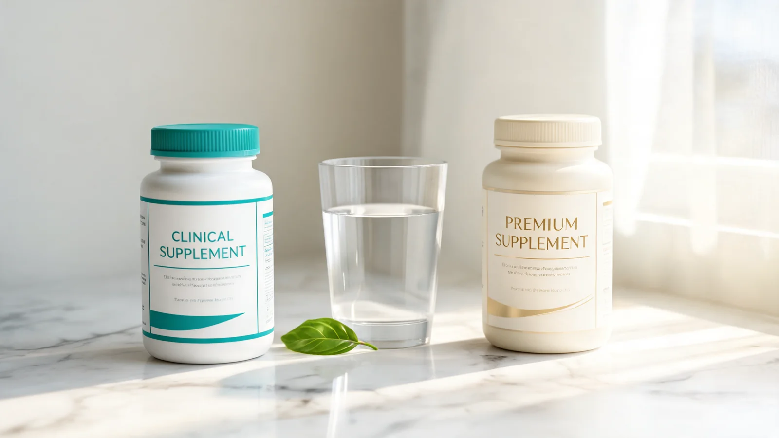Two distinct supplement bottles side by side on a marble counter, in clinical and elegant cream packaging