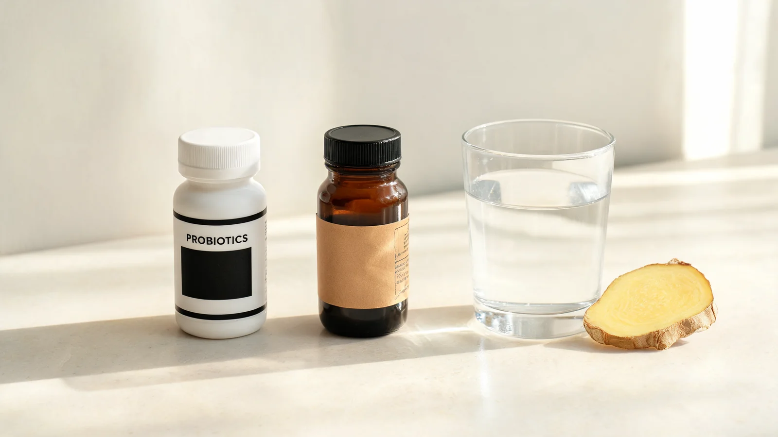 Two amber probiotic bottles, Seed DS-01 and Ritual Symbiotic+, on a cream linen surface with morning light