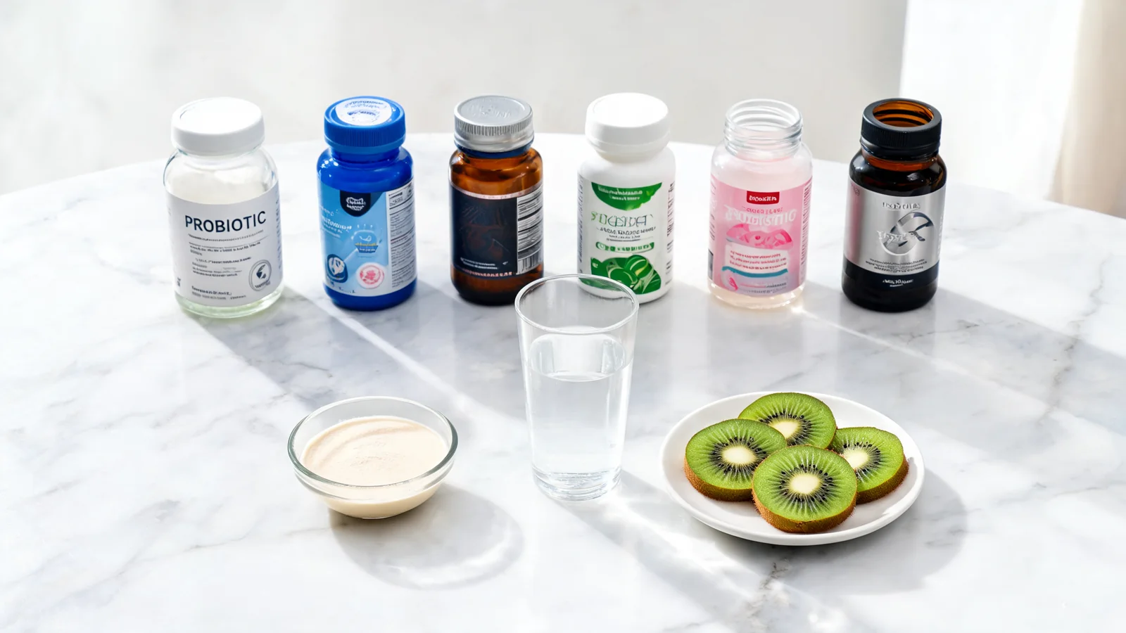 Six amber and green probiotic bottles arranged on a soft cream linen surface in editorial natural light