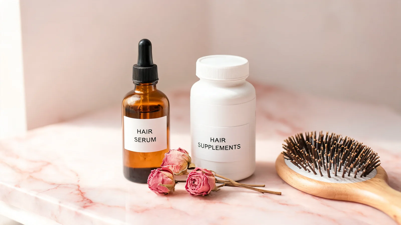 Two hair wellness products on a soft pink marble vanity, a serum bottle and a supplement bottle