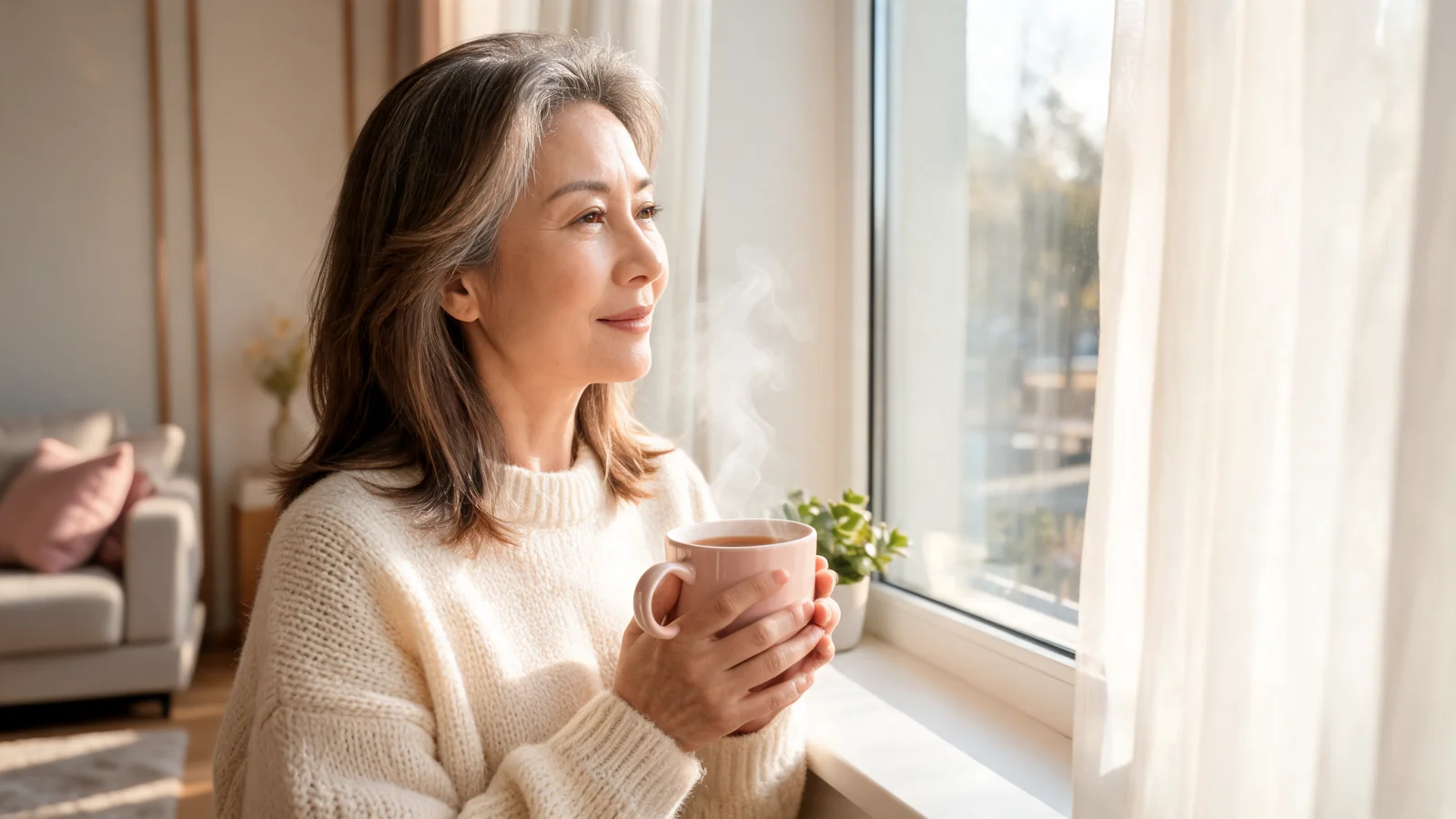 A woman in a soft cream sweater standing at a sunlit window holding a mug of tea