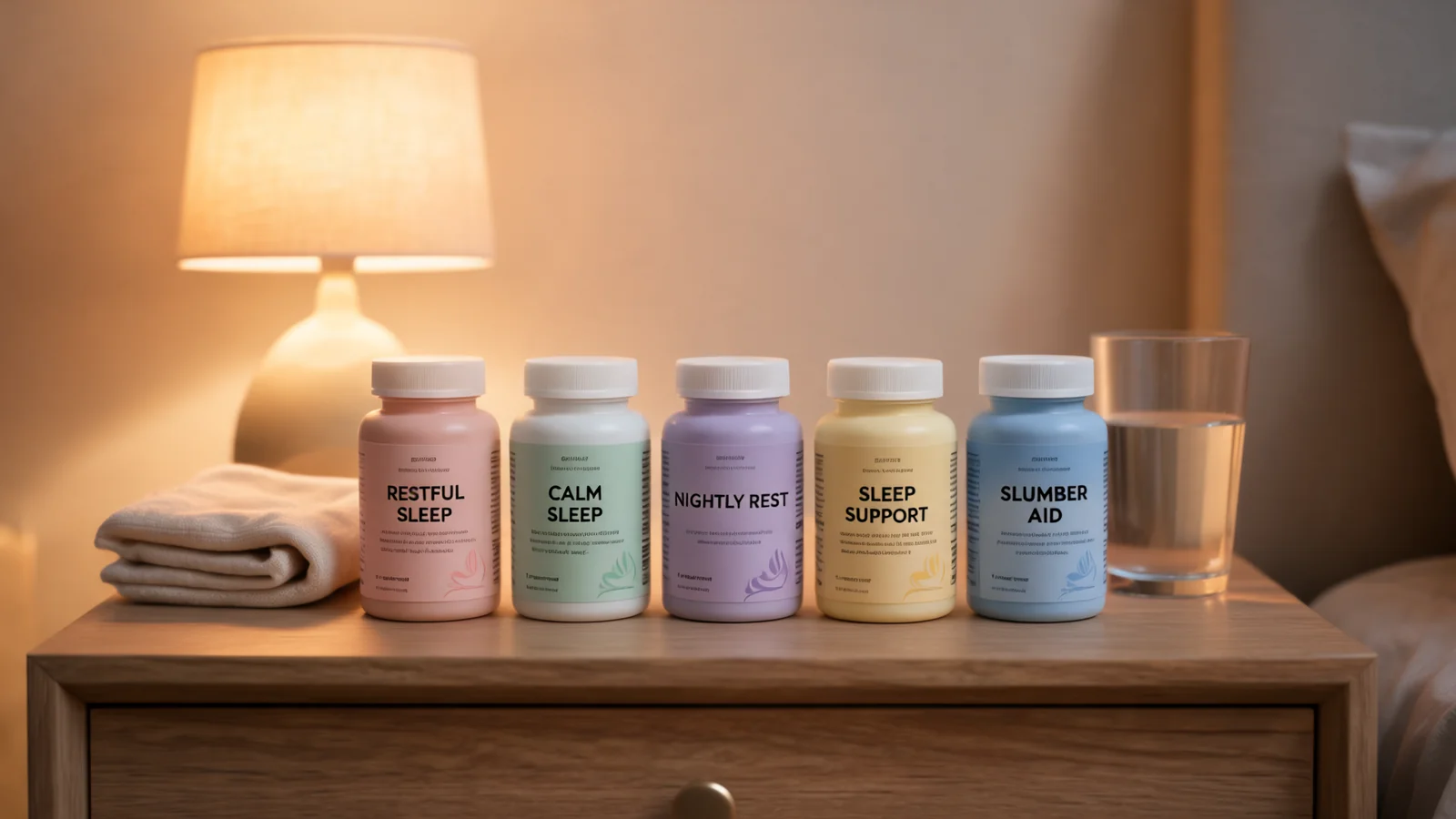 Five sleep supplement bottles in calming pastel packaging on a nightstand by a bedside lamp