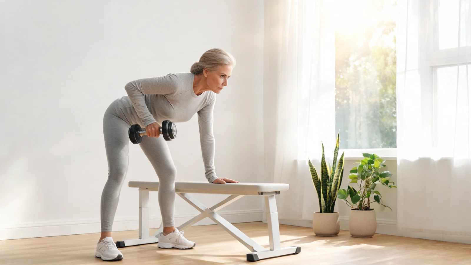 A woman performing a controlled dumbbell row in a sunlit minimalist home gym
