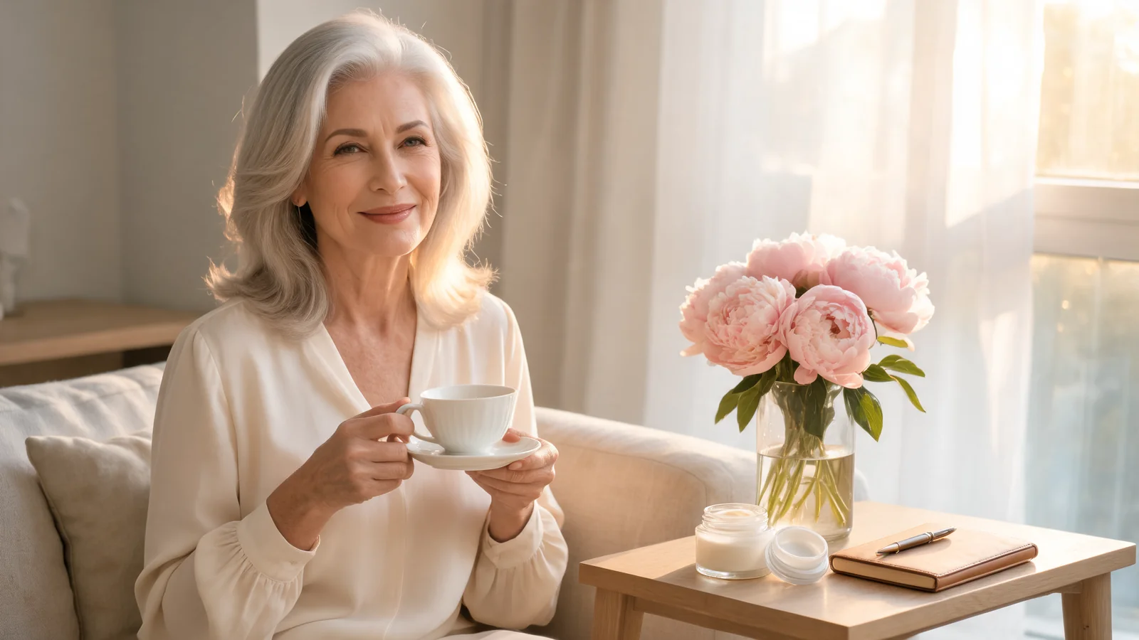 An elegant woman in her late 50s seated on a soft linen sofa in warm morning light, holding a ceramic teacup, with skincare products and a notebook nearby