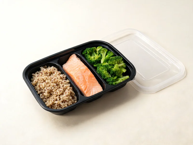 Factor prepared meals stacked in a refrigerator